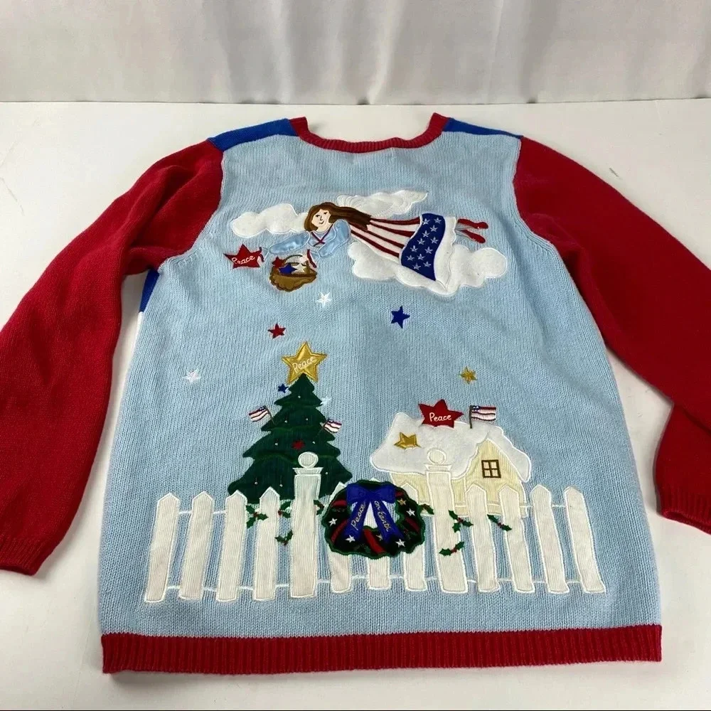 Quacker Factory Embellished Patriotic Christmas Angel Cardigan Sweater Medium